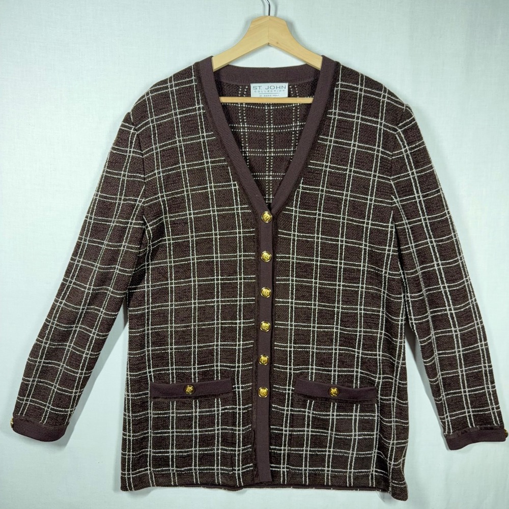 Vintage St John Collection Cardigan Womens 14 V Neck Preppy Plaid sweater USA